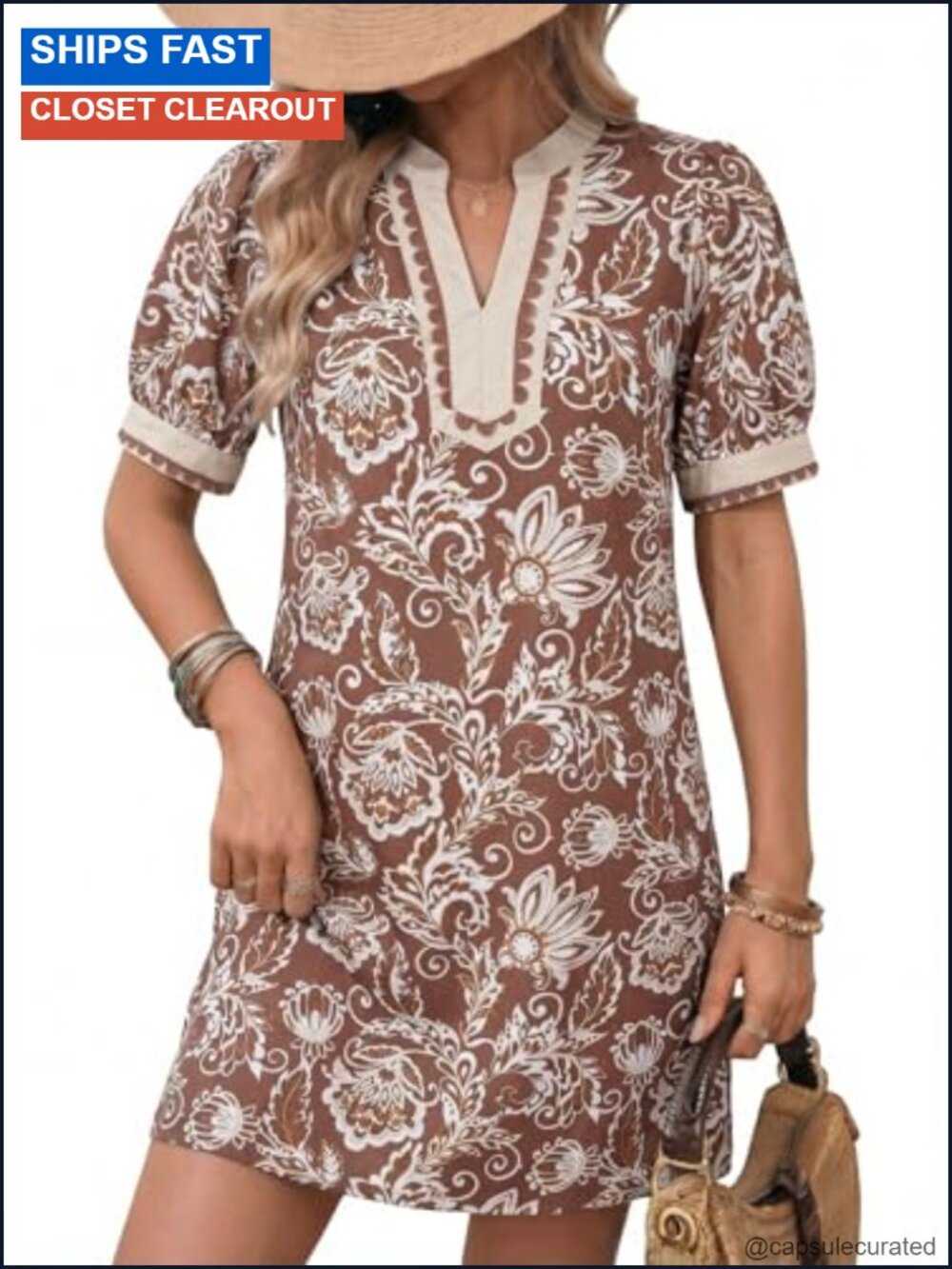 Women Boho Floral Puff Short Sleeve V Neck A-Line Mini Sundress